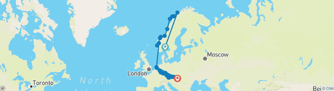 Image of a map showing the route of the tour