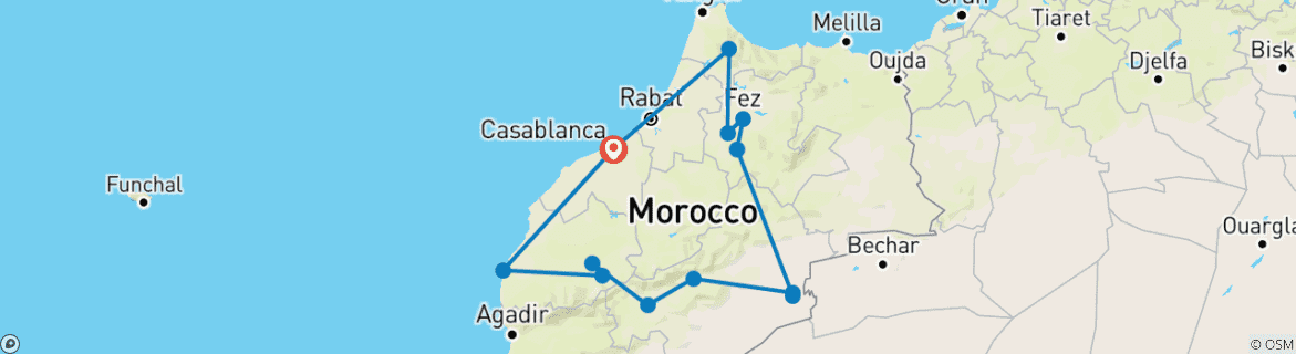 Image of a map showing the route of the tour