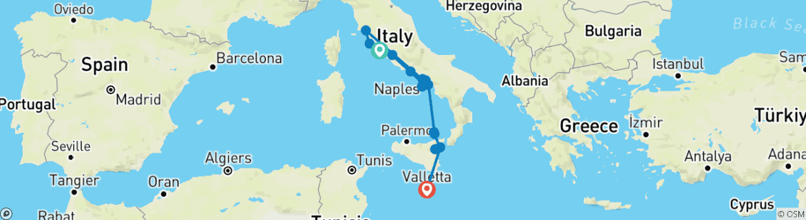 Image of a map showing the route of the tour