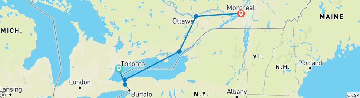Image of a map showing the route of the tour