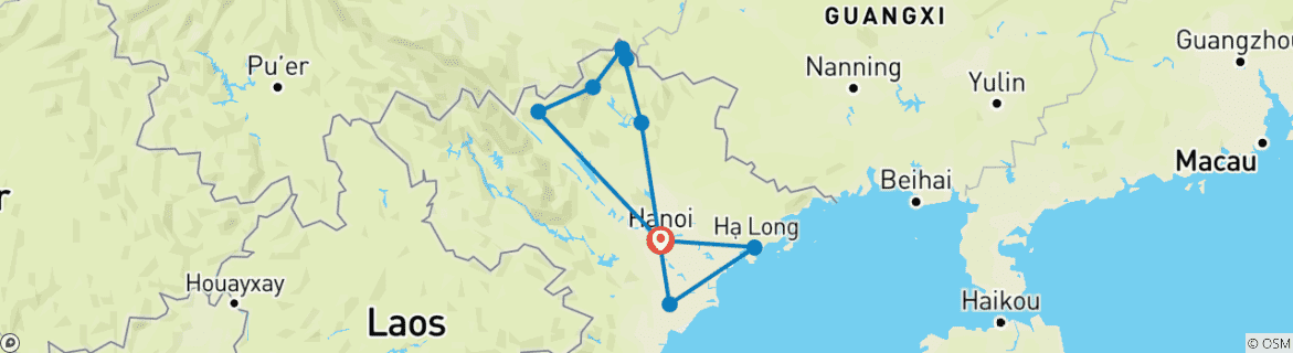 Image of a map showing the route of the tour