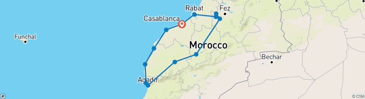 Image of a map showing the route of the tour