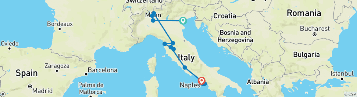 Carte du circuit Les incontournables de l'Italie - Circuit de 14 jours - Venise, Milan, Florence, Rome et Naples