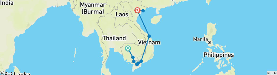 Image of a map showing the route of the tour