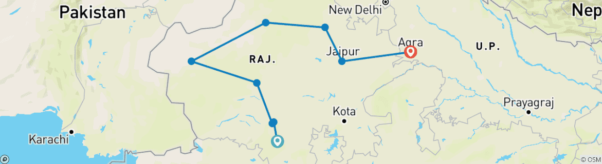 Image of a map showing the route of the tour