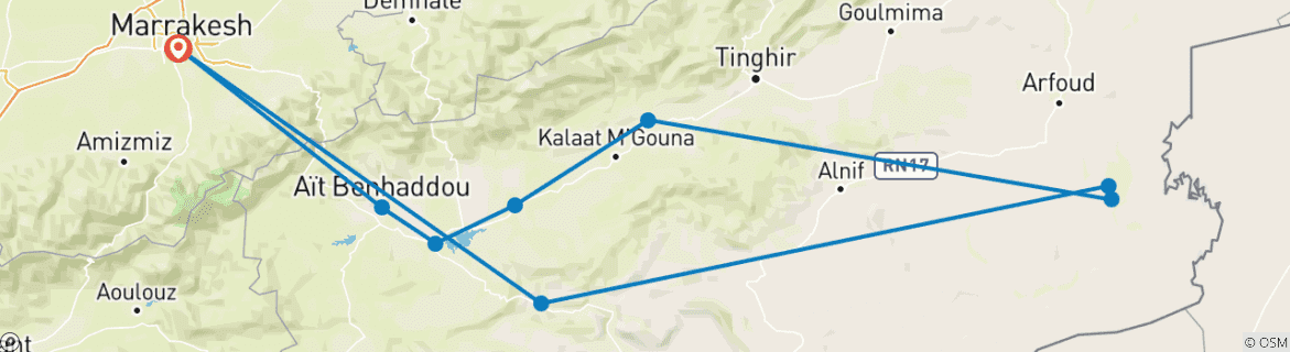 Image of a map showing the route of the tour