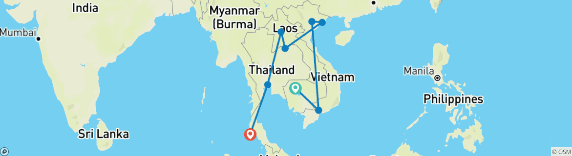 Mapa de 21 Días Circuito Círculo Fantástico de Vietnam, Camboya, Tailandia y Laos (guía y conductor privados)Personalizable