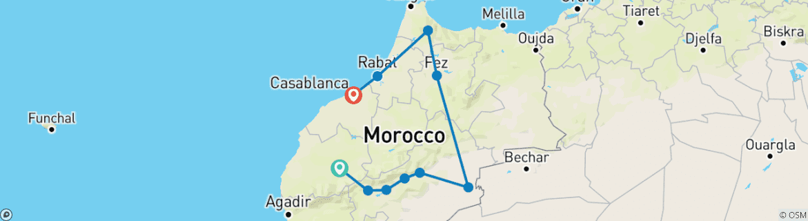 Image of a map showing the route of the tour