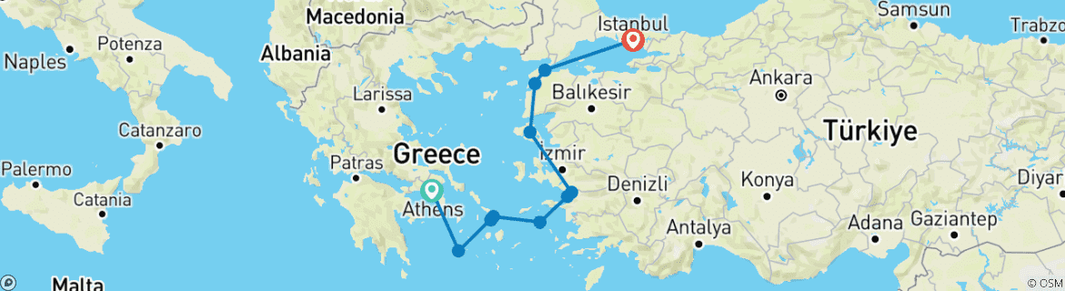 Image of a map showing the route of the tour