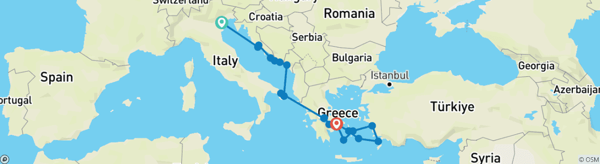 Image of a map showing the route of the tour
