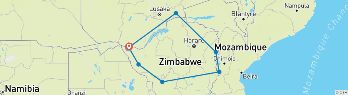 Image of a map showing the route of the tour