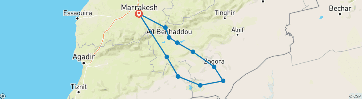 Image of a map showing the route of the tour