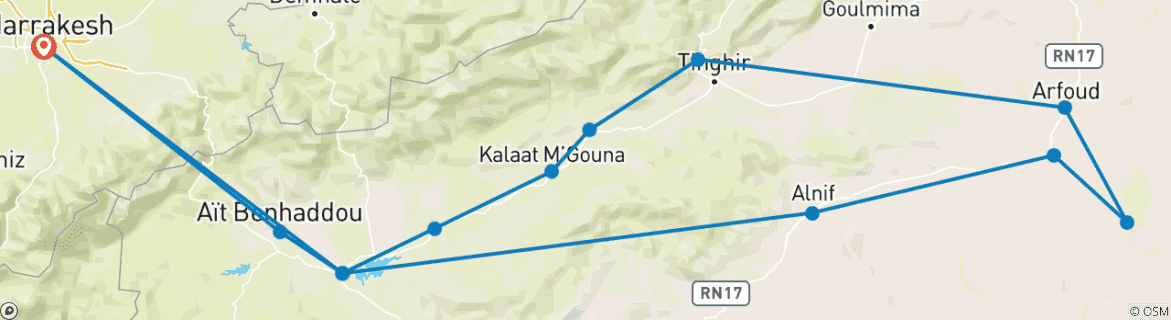 Image of a map showing the route of the tour