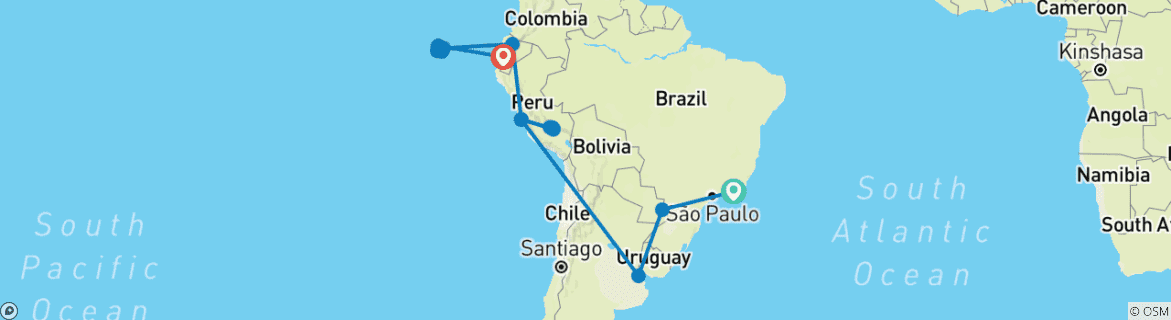 Image of a map showing the route of the tour