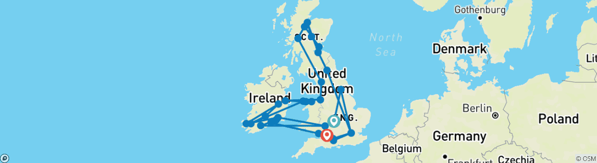 Image of a map showing the route of the tour