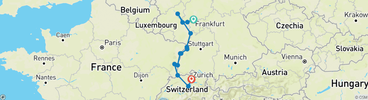Image of a map showing the route of the tour