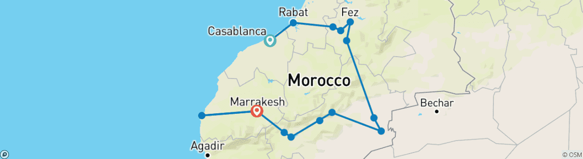 Image of a map showing the route of the tour