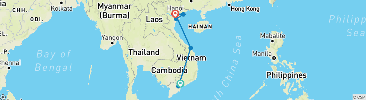 Image of a map showing the route of the tour