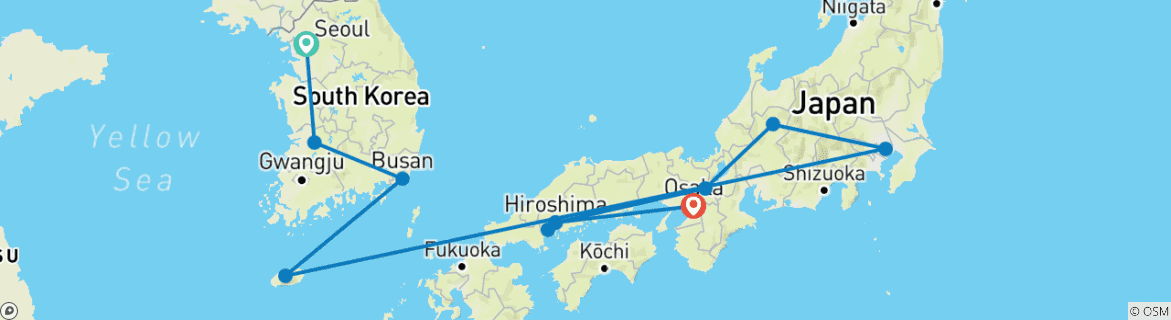 Image of a map showing the route of the tour