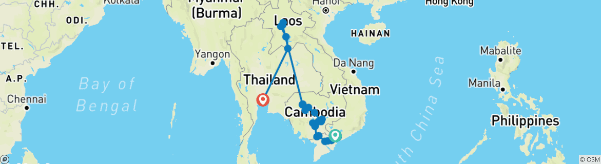 Image of a map showing the route of the tour