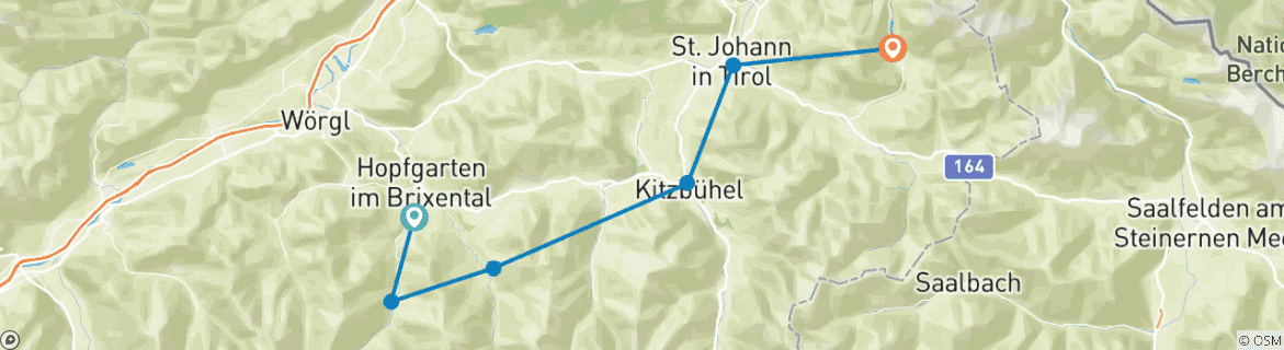 Image of a map showing the route of the tour