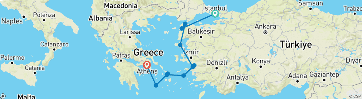 Image of a map showing the route of the tour