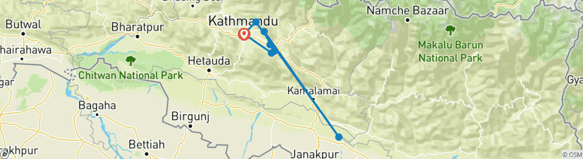 Image of a map showing the route of the tour