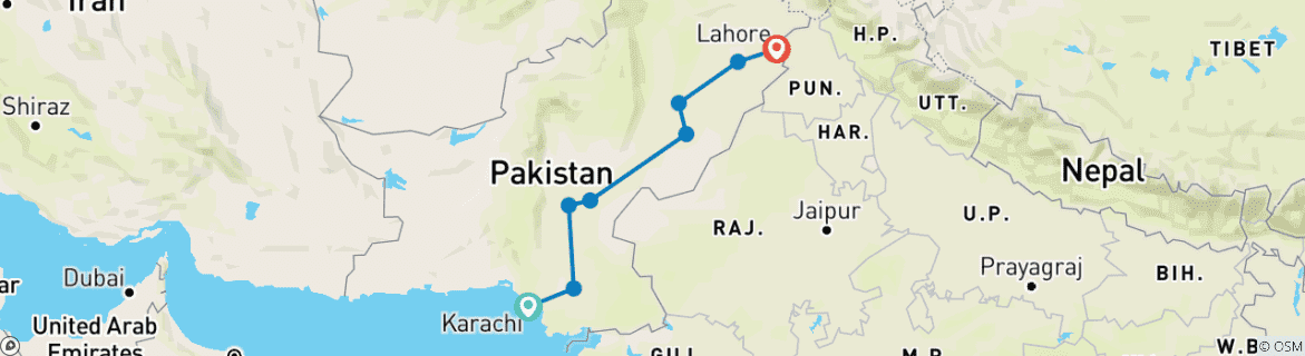 Image of a map showing the route of the tour