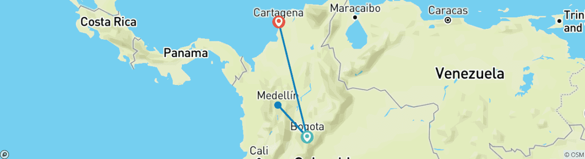 Carte du circuit Circuit privé à petit budget : Bogotá, Medellín & Cartagena avec vols intérieurs et départs quotidiens confirmés (9 jours, 8 nuits)