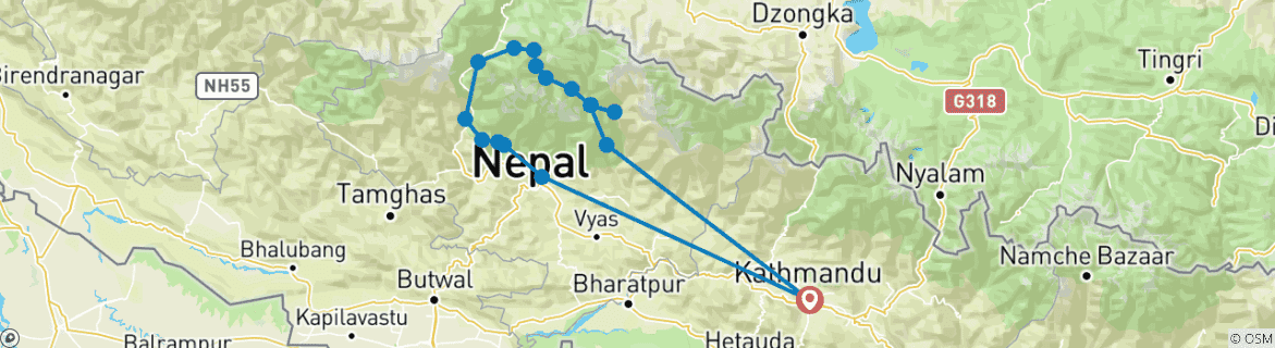 Image of a map showing the route of the tour