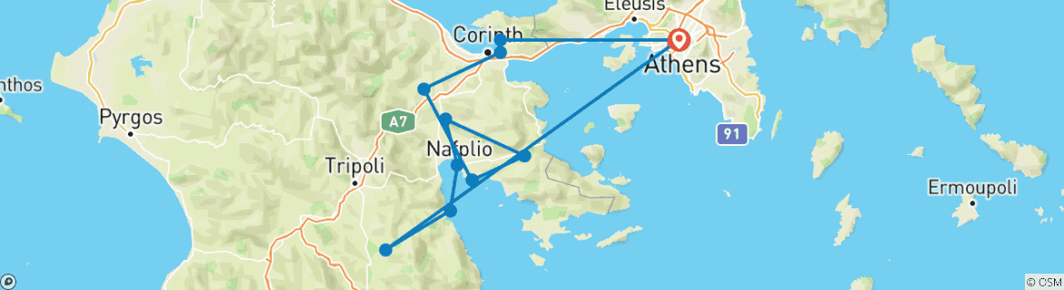 Image of a map showing the route of the tour
