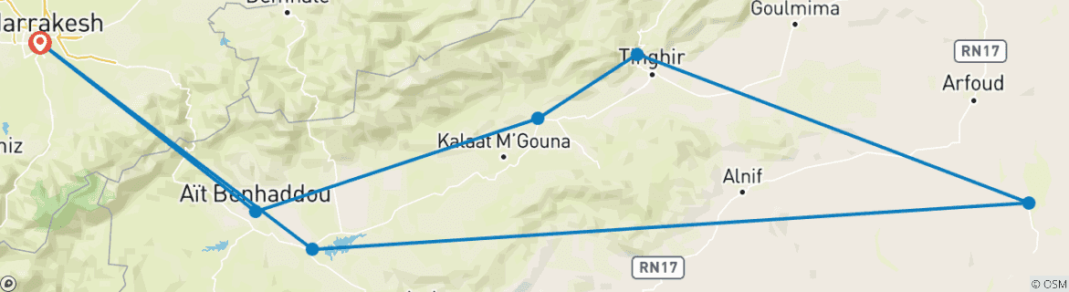 Image of a map showing the route of the tour