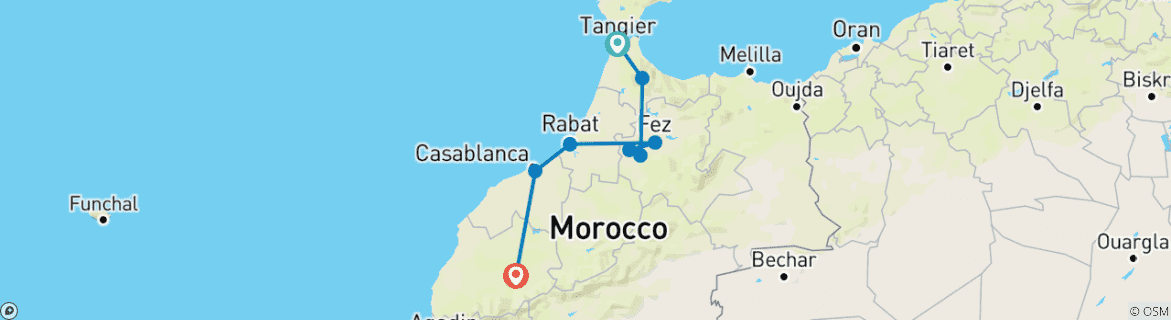 Image of a map showing the route of the tour