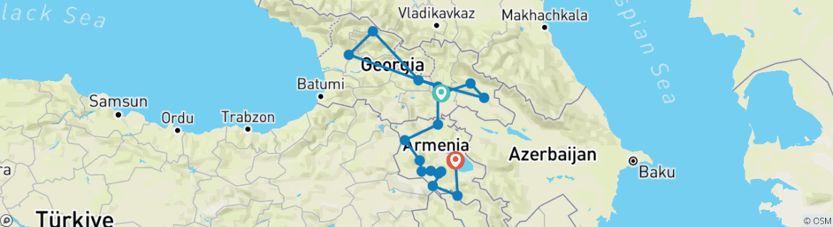 Image of a map showing the route of the tour