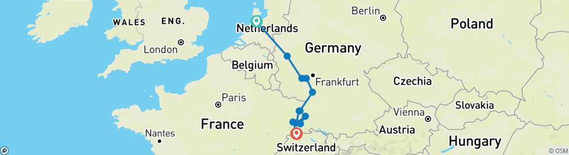 Image of a map showing the route of the tour