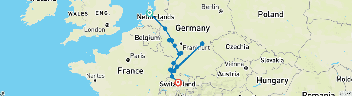 Image of a map showing the route of the tour