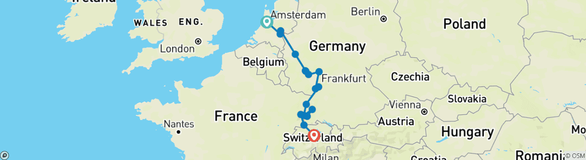 Image of a map showing the route of the tour