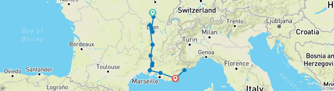 Image of a map showing the route of the tour