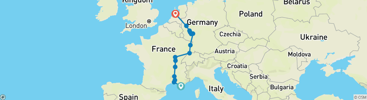 Image of a map showing the route of the tour