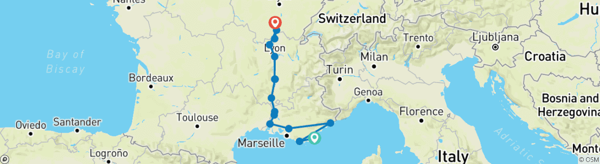 Image of a map showing the route of the tour
