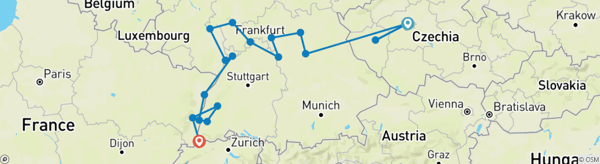 Image of a map showing the route of the tour