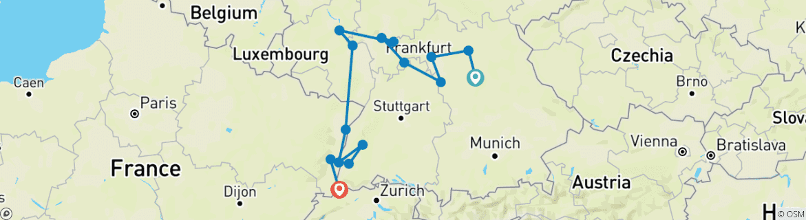 Image of a map showing the route of the tour