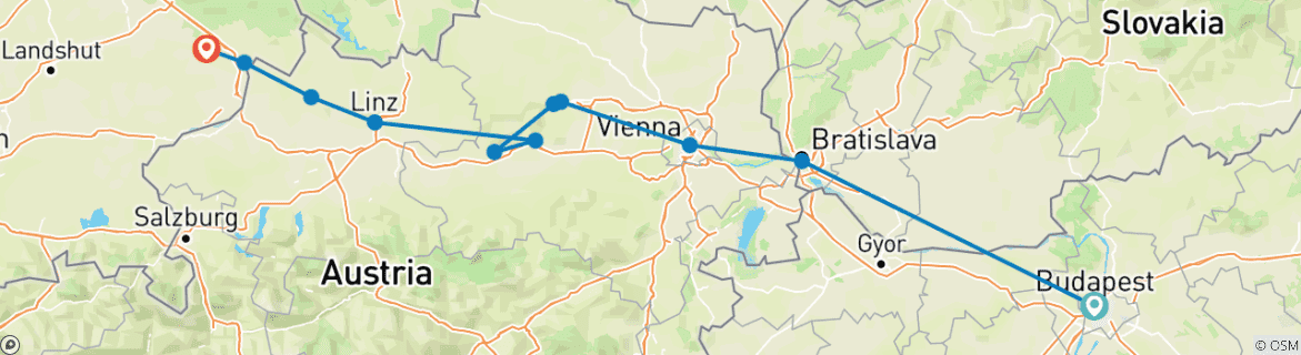 Image of a map showing the route of the tour