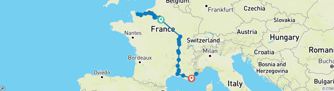 Image of a map showing the route of the tour