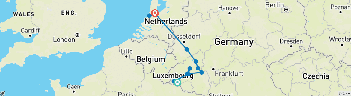 Image of a map showing the route of the tour