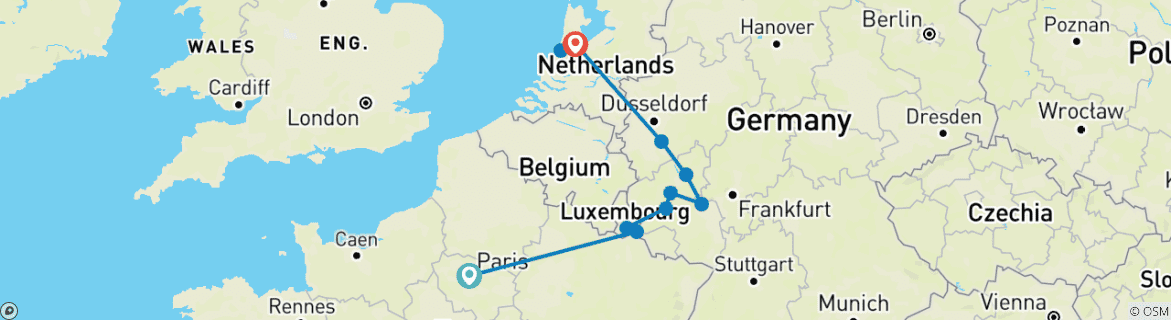 Image of a map showing the route of the tour