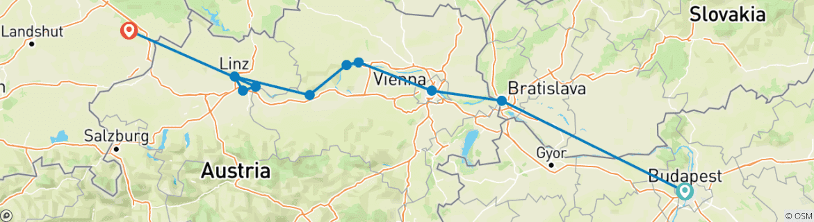 Image of a map showing the route of the tour