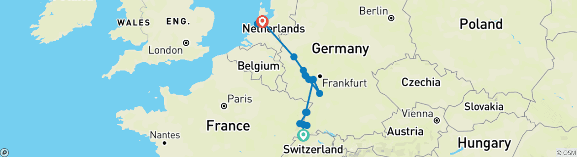 Image of a map showing the route of the tour