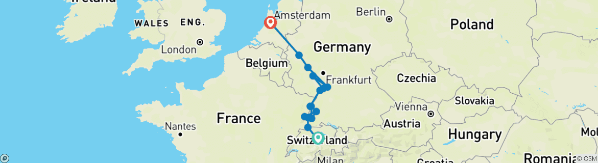Image of a map showing the route of the tour