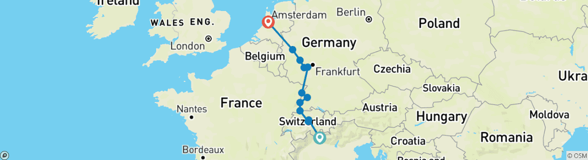 Image of a map showing the route of the tour